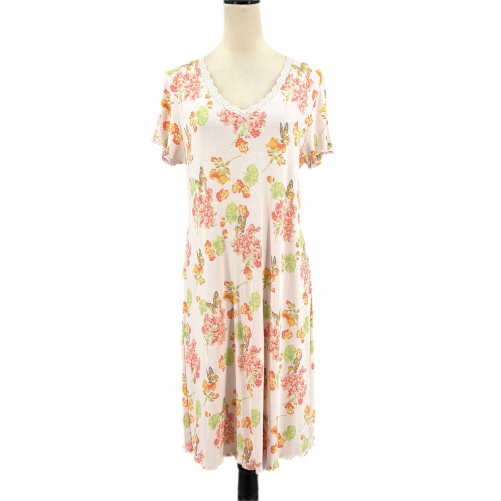 Cuddledown Orange Pink Floral Butterfly Jessi Ribbed Midi Grannycore Nightgown